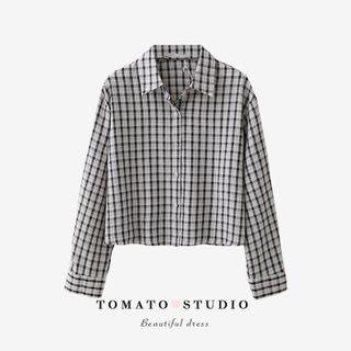 Color-block Plaid Button-up Cropped Shirt Blue - One Size