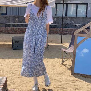Spaghetti Strap Floral Midi A-line Dress Floral - Blue - One Size