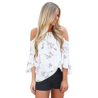 Printed Cutout Shoulder 3/4-sleeve Top