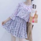 Bell-sleeve Floral Print Chiffon Blouse / Accordion Mini Skirt