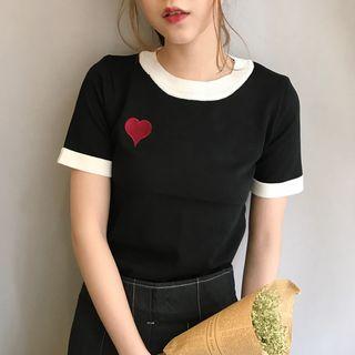 Heart Embroidered Short-sleeve Knit Top