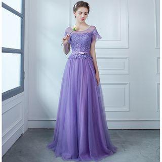 Crochet Trim Short Sleeve Evening Gown