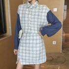 Long-sleeve Color Block Plaid Tweed Top / High-waist Split Hem Plaid Skirt