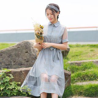 Mesh Panel Short Sleeve Plaid Dress