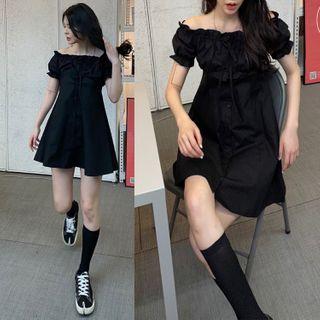 Short-sleeve Off-shoulder Frill Trim A-line Mini Dress Black - One Size