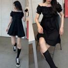 Short-sleeve Off-shoulder Frill Trim A-line Mini Dress Black - One Size