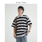 Elbow-sleeve Striped Collared T-shirt
