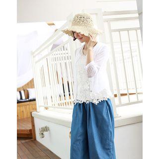 Crochet-hem Sheer Linen Blend Cardigan