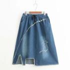 Cat Embroidered Cut-out Denim Skirt Denim Blue - One Size