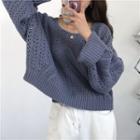 Crew-neck Cut-out Oversized Sweater Grayish Blue - One Size