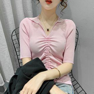 Plain Collared Drawstring Knit Top