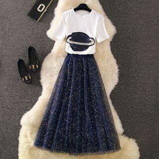 Set: Short-sleeve T-shirt + Mesh Overlay Skirt