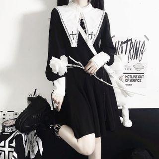 Lace Trim Cross Embroidered Collar Mini A-line Dress