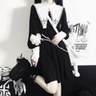 Lace Trim Cross Embroidered Collar Mini A-line Dress