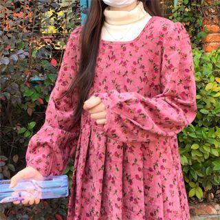 Long-sleeve Floral Print Midi A-line Dress / Long-sleeve Turtle Neck T-shirt