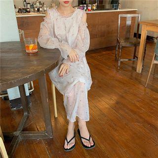 Floral Print Long-sleeve Cold-shoulder Midi Dress Dress - Floral - Pink - One Size