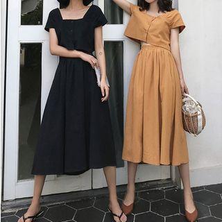 Set: Square-neck Short-sleeve Cropped Blouse + Midi A-line Skirt