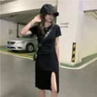 Short-sleeve Shirred Midi A-line Dress Black - One Size