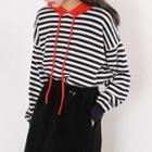 Striped Drawstring Hooded Knit Top Stripe - One Size