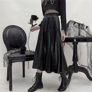 Faux Leather Pleated A-line Skirt Black - One Size