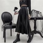 Faux Leather Pleated A-line Skirt Black - One Size