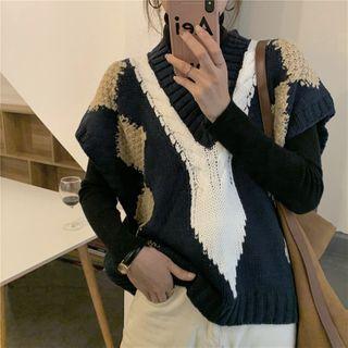 Plaid Knit Vest Black & White & Khaki - One Size