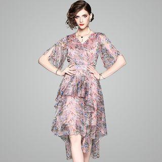 Flower Print Irregular Hem Short-sleeve A-line Dress