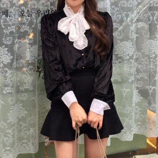 Velvet Tie-neck Blouse / Mini A-line Skirt