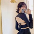 Set: Long-sleeve Plain Open-back Slim-fit Top + Pants