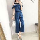Set: Frill Trim Cut Out Shoulder Short Sleeve Top + Cropped Straight Cut Pants