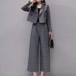 Set: Plaid Blazer + Wide Leg Dress Pants