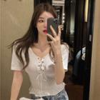 Short-sleeve Lace-up Knit Crop Top