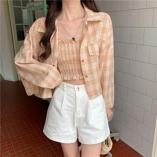Set: Striped Shirt + Camisole Top Set Of 2 - Shirt & Camisole Top - Light Coffee & Beige - One Size