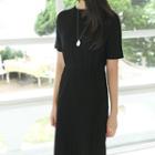 Drawstring-waist Textured Knit Dress Black - One Size
