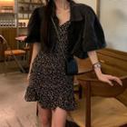 Short-sleeve Denim Jacket / Spaghetti Strap Floral Print A-line Dress