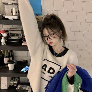 Round-neck Two Tone Lettering Woolen Oversize Sweater