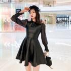 Set: Long-sleeve Glitter Top + Faux Leather Mini A-line Pinafore Dress