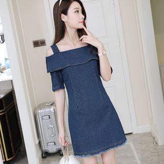 Elbow-sleeve Cold Shoulder Mini Denim Dress