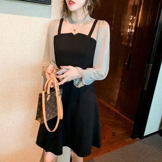 Long Sleeve Sheer Panel Mock Two Piece Dress