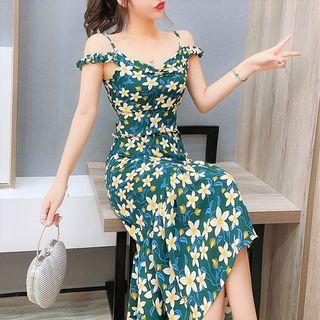 Cold-shoulder Floral Sheath Midi Dress