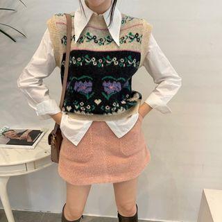 Retro Jacquard Vest / Long-sleeve Plain Pointed Collar Shirt