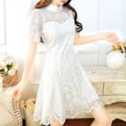 Short-sleeve Plain Lace A-line Qipao Dress