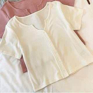 Short-sleeve V-neck Button Front T-shirt