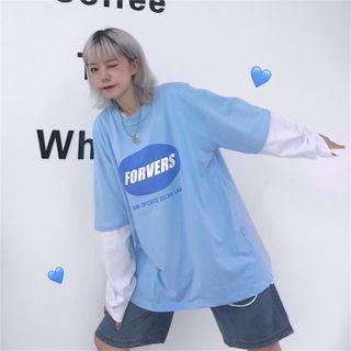 Mock Two-piece Long-sleeve Lettering Print T-shirt Sky Blue - One Size
