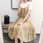 Set: Short-sleeve T-shirt Dress + Striped Spaghetti-strap Dress