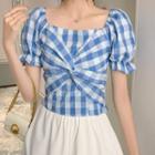 Gingham Puff-sleeve Twist Cropped Blouse