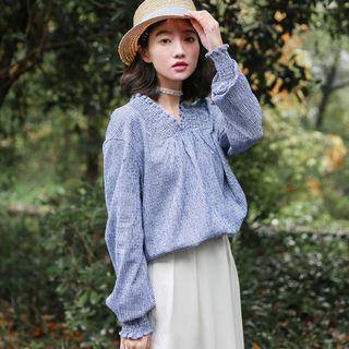Puff-sleeve Gingham V-neck Blouse