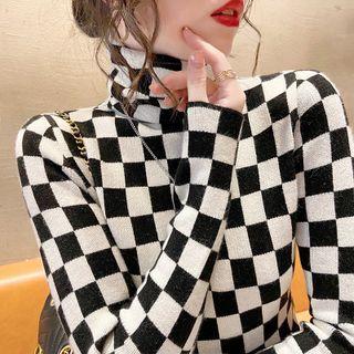 Turtleneck Checkerboard Knit Top Checkerboard - Black & White - One Size