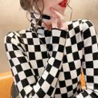Turtleneck Checkerboard Knit Top Checkerboard - Black & White - One Size