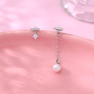 Faux Pearl Rhinestone Asymmetrical Sterling Silver Dangle Earring 1 Pair - Silver - One Size